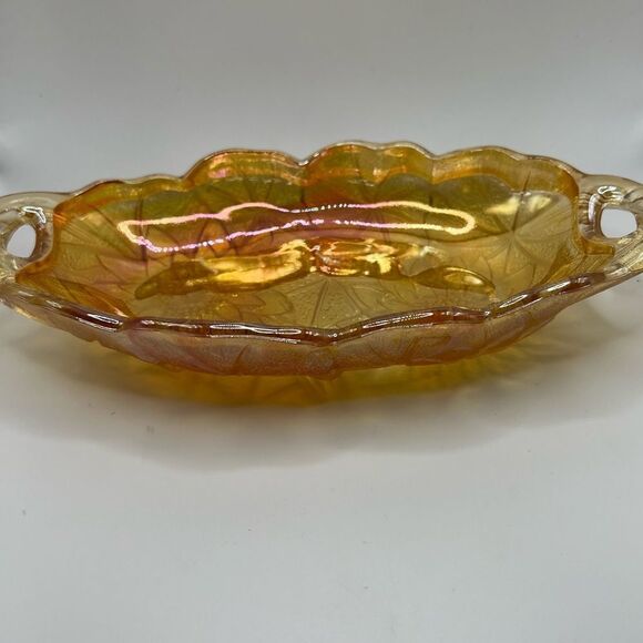 Vintage Marigold Floral Indiana Carnival Glass Oval Candy Dish Bowl Relish Bowl - Picture 1 of 11